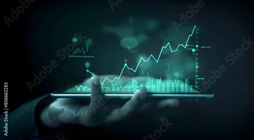 hand holding digital tablet with upward trending graph, representing stock market growth or business performance