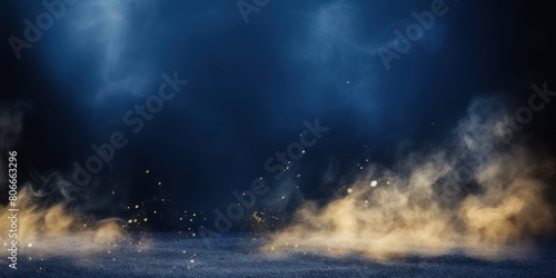 Indigo smoke empty scene background with spotlights mist fog with gold glitter sparkle stage studio interior texture for display products blank 