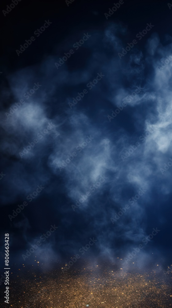 Indigo smoke empty scene background with spotlights mist fog with gold glitter sparkle stage studio interior texture for display products blank 