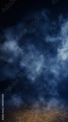 Indigo smoke empty scene background with spotlights mist fog with gold glitter sparkle stage studio interior texture for display products blank 