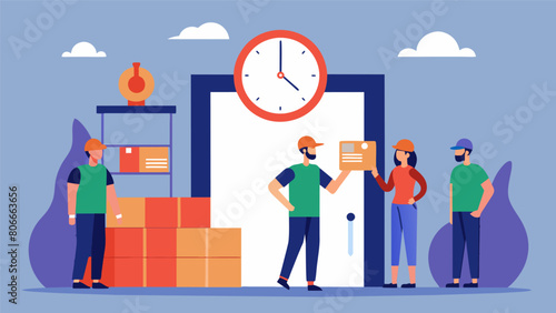 A large clock above the entrance constantly counts down the days until the next shipment of products is sent out to retailers. The workers are.