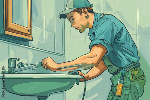 Professional handyman in uniform repairing leaky faucet in bathroom with plumbing tools