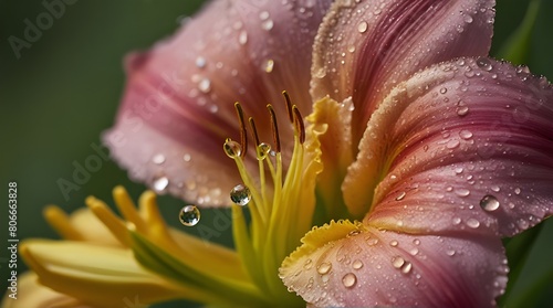 Macrophotograph of raindrop on daylily blossom
