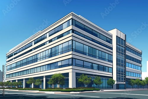 Illustration of a newly constructed multi-story office building with clear blue skies
