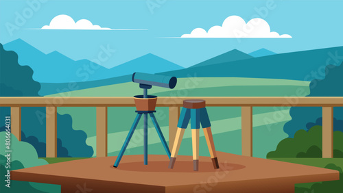 A small table with a spotting scope and a binoculars propped up on a balcony providing a perfect view of a nearby bird sanctuary..