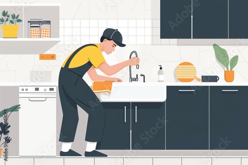 Illustration of a professional plumber using tools to unclog a sink drain in a modern kitchen setting photo