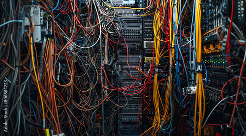 Complex network server wiring chaos, Close-up view of tangled cables and wires in a data center's network server rack photo
