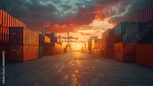 Sunset at a commercial shipping container terminal.