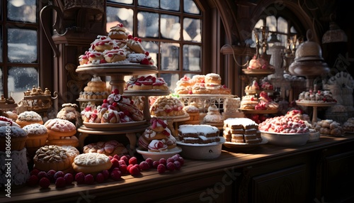Panoramic view of a variety of delicious pastries and pastries in a bakery © Michelle