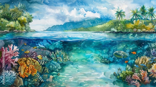 Craft a majestic tropical paradise scene using watercolor, highlighting breathtaking landscapes and crystal-clear waters teeming with colorful marine life