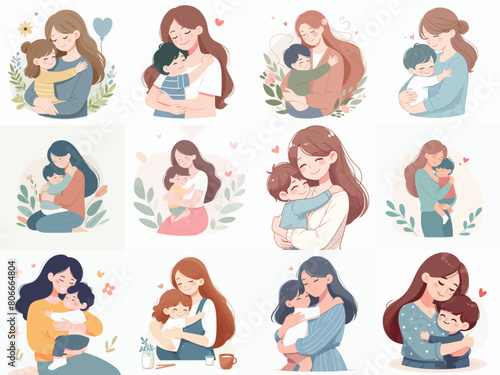 collection of a mother hugging her child happily. flat vector illustration