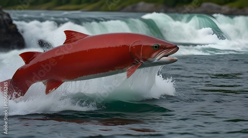 Brave and determined sockeye salmon jumping up Brook
