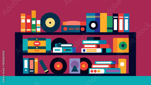 A shelf overflowing with a mix of retro and modern vinyl records each one a unique piece of art. Vector illustration