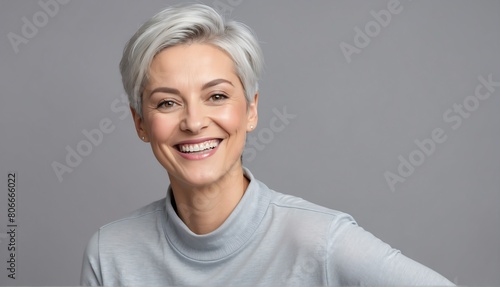 plain silver background happy lesbian woman looking at camera in studio shot portrait from Generative AI photo