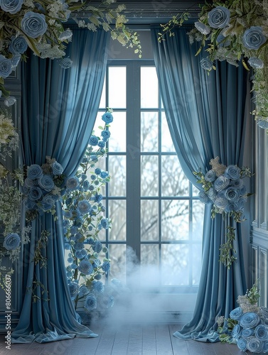 Elegant Dusty Blue Silk with Floral Digital Backdrop for Photography and Art