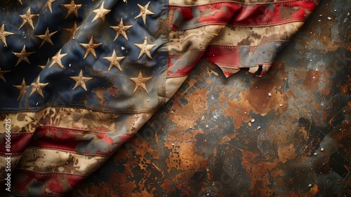 Vintage-style image of a worn American flag, representing a timeless journey of exploration and patriotism on American highways, isolated background