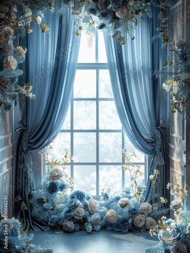 Elegant Dusty Blue Silk with Floral Digital Backdrop for Photography and Art