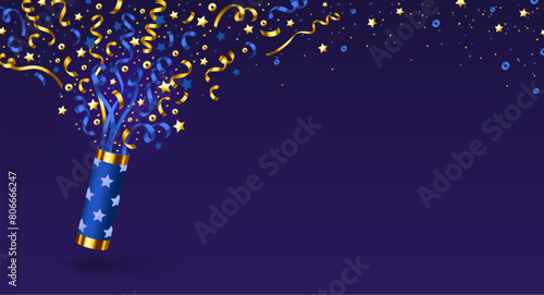 Holiday background with party popper and empty space for text. Realistic 3d vector illustration set cylinder with flying blue and golden confetti. fire cracker with ribbon and star streamers.