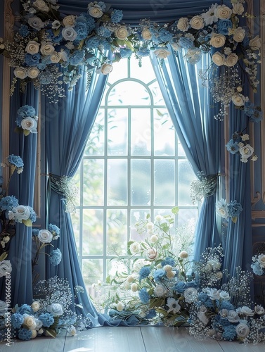 Elegant Dusty Blue Silk with Floral Digital Backdrop for Photography and Art