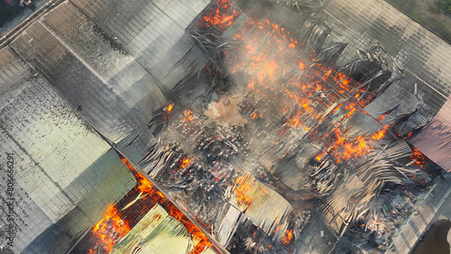 The aerial perspective unveils a scene of devastation as raging flames devour a collapsed roof section at the industrial plant. Thick smoke spirals skyward, signaling a severe and destructive inferno. photo