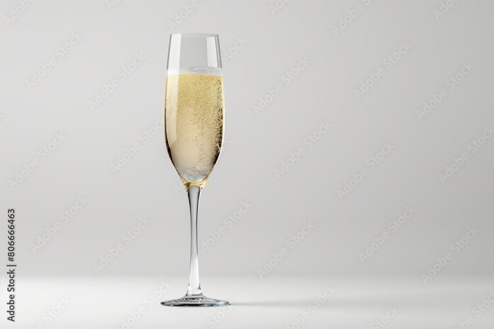 Close-up of a champagne glass with sparkling wine and bubbling effervescence against a soft gray background