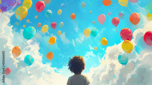 Child Gazing at Colorful Sky Balloons. A young child stands admiring a vibrant sky filled with colorful floating balloons in a dreamy setting.