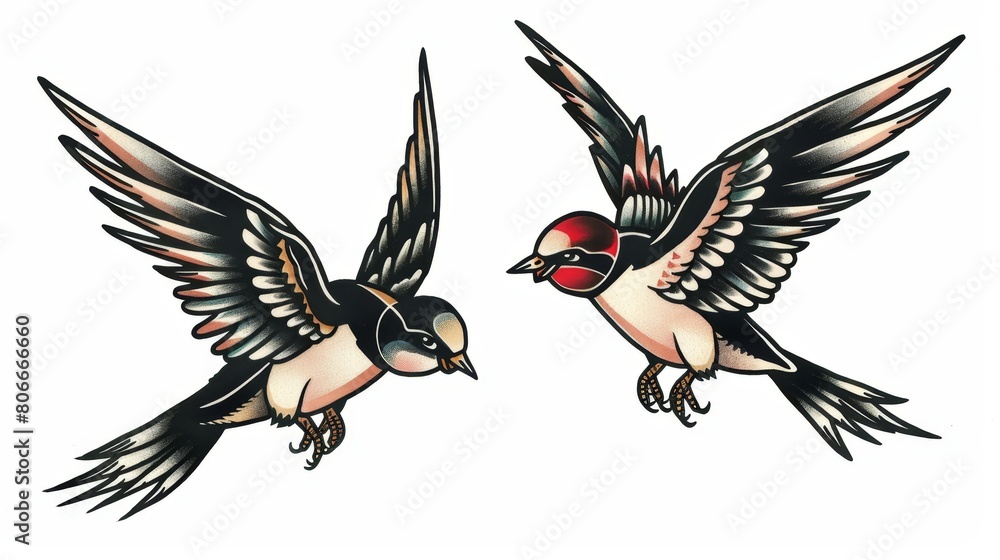 Fototapeta premium Vibrant traditional tattoos featuring swallows with bold black outlines and solid colors, classic American tattoo style, on an isolated background
