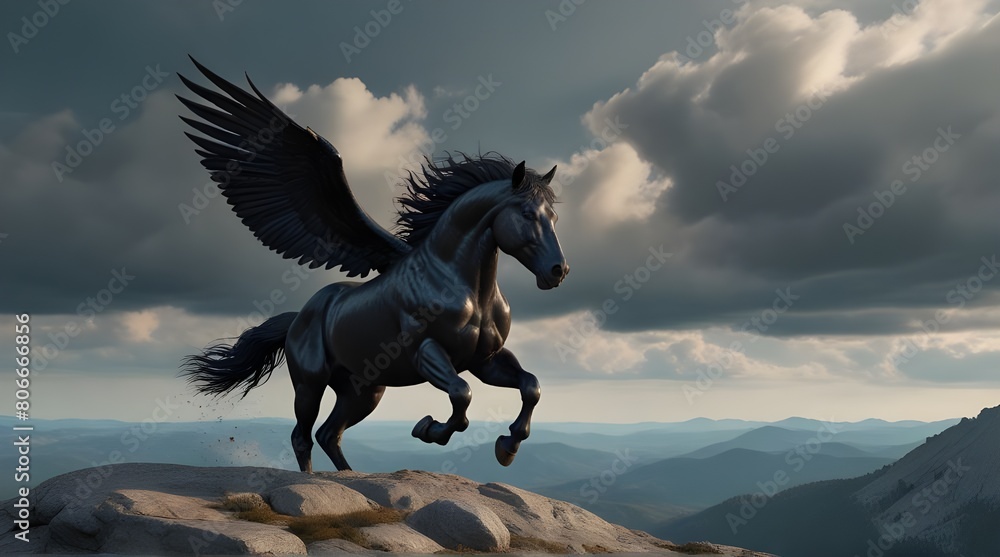 Fototapeta premium A black Coated Pegasus Launches itself into the panda