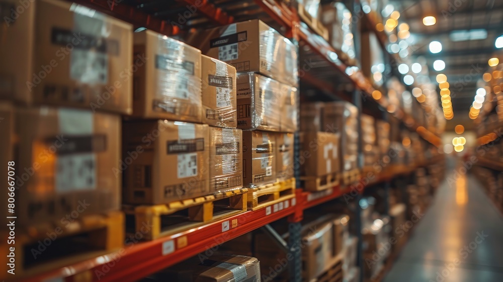 Warehouse worker scanning barcodes on boxes, using a digital tablet in a busy logistics hub Warehouse worker scanning barcodes on boxes, using a digital tablet in a busy logistics hub
