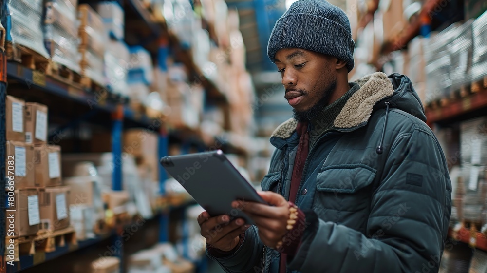 Warehouse worker scanning barcodes on boxes, using a digital tablet in a busy logistics hub Warehouse worker scanning barcodes on boxes, using a digital tablet in a busy logistics hub
