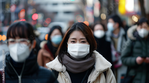 Woman Wearing Mask in Busy City Street. Young Asian woman wearing a protective face mask amidst a crowd on a bustling urban street during sunset.