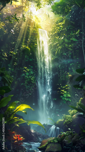 Sunlit Waterfall in Lush Jungle Scene. A serene waterfall cascades through a sunlit  dense jungle  creating a tranquil and mystical atmosphere.