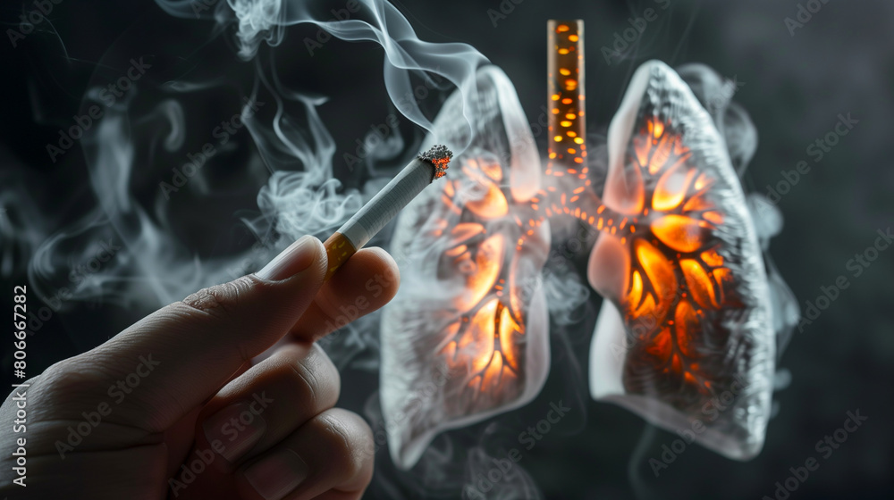 Conceptual Image of Smoking and Lung Damage. A hand holding a lit