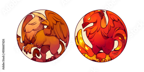 Eagle and phoenix in circle for logo and mascot symbol concept. Cartoon vector illustration set of bird in round shape. Fantasy animal for game ui design or avatar. Gryphon and fenix emblem.