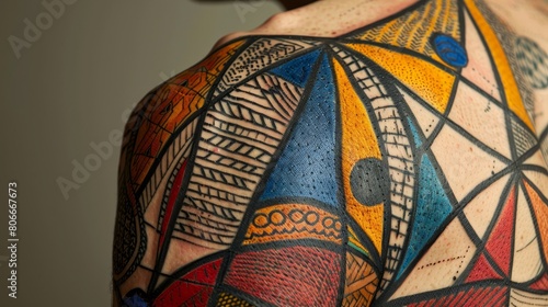 Vibrant geometric tattoo close-up, featuring intricate interlocking triangles and circles, each line and shape telling a personal story, against a neutral backdrop