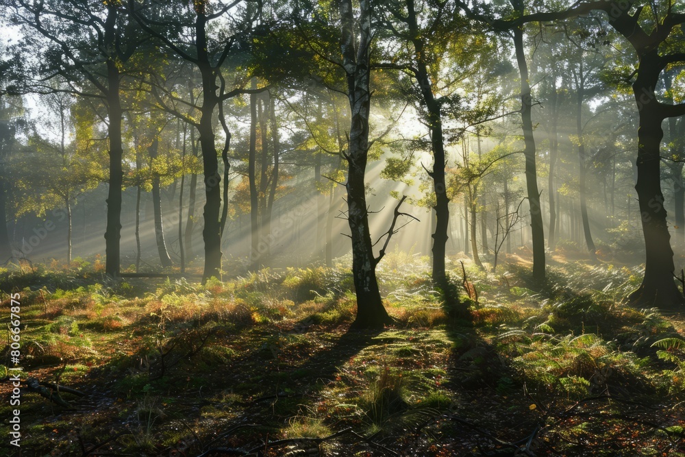 Experience the serenity of a misty morning at dawn, with sunlight filtering through the trees and casting long shadows on the forest floor, Generative AI Experience the serenity of a misty morning at dawn, with sunlight filtering through the trees and casting long shadows on the forest floor, Generative AI