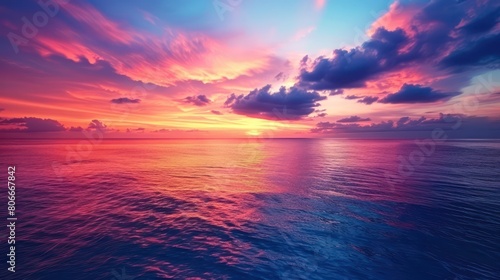 A panoramic view of a vibrant sunset over the ocean, with colorful hues painting the sky and reflecting off the calm waters, creating a serene and picturesque scene. 