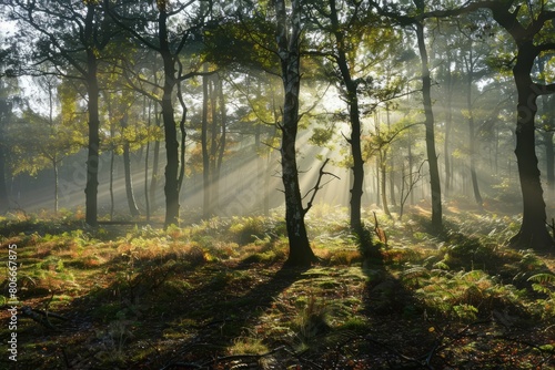 Experience the serenity of a misty morning at dawn  with sunlight filtering through the trees and casting long shadows on the forest floor  Generative AI