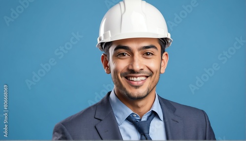 plain blue background happy male architect engineer looking at camera in studio shot portrait from Generative AI © SevenThreeSky