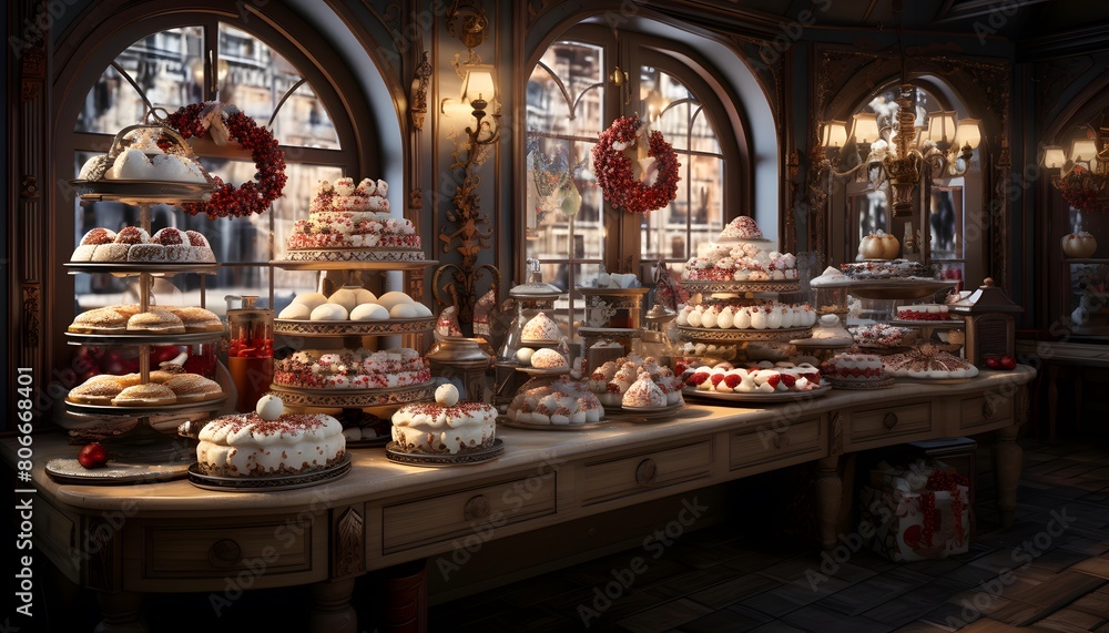 Panoramic view of a bakery shop with different types of cakes