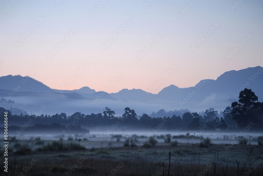Obraz premium Explore the mystical atmosphere of dawn in a mist-shrouded valley, with mountains looming in the distance and the promise of a new day, Generative AI