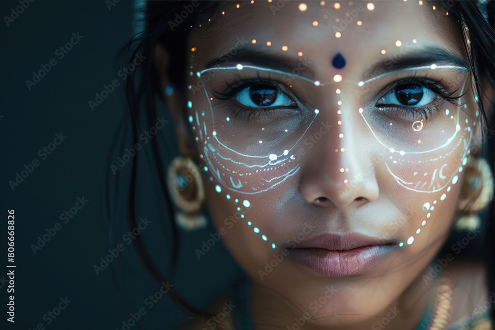 Indian woman portrait perfect skin with user interface elements drawn on a face. Indian woman portrait perfect skin with user interface elements drawn on a face.