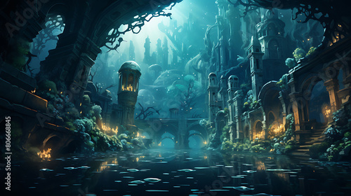 A vector representation of a surreal underwater city. photo