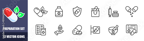 Preparation icons set. Pill icons. Linear style. Vector icons