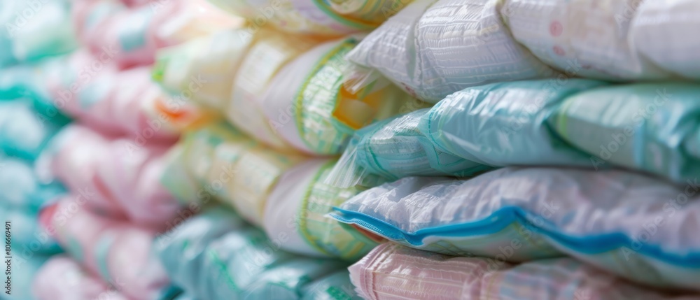 Ultimate Protection: Close-Up View of a Towering Stack of Fresh and Leak-Proof Baby Diapers
