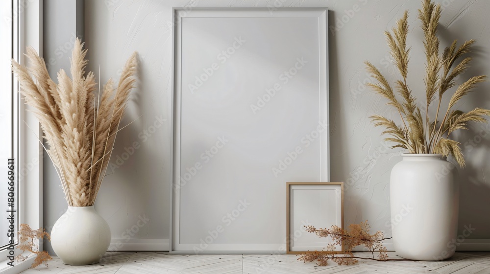frame on a white wall with white vase