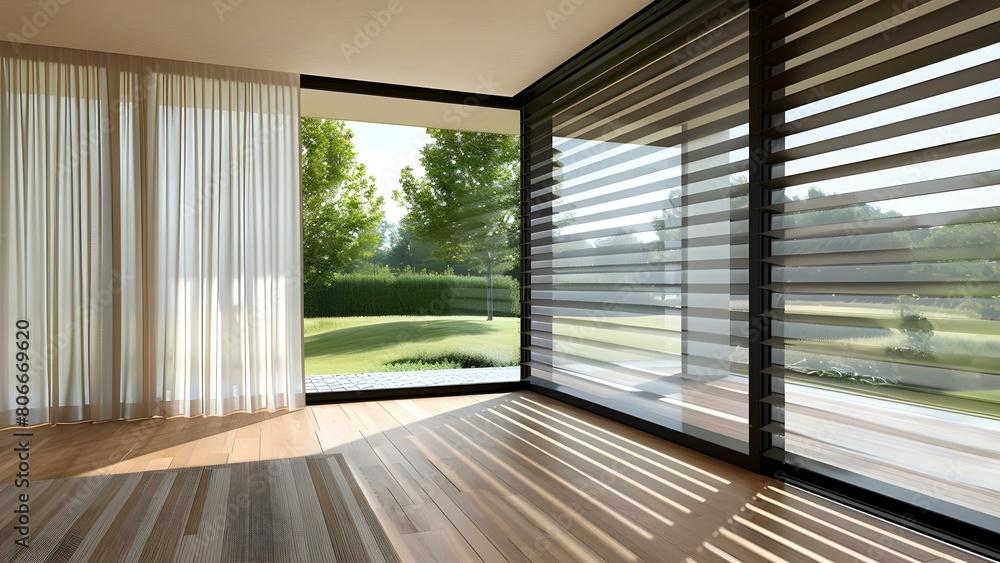 Enhancing Privacy with Automated Blinds and Curtains for Large Windows. Concept Home Automation, Privacy Solutions, Large Windows, Blinds, Curtains