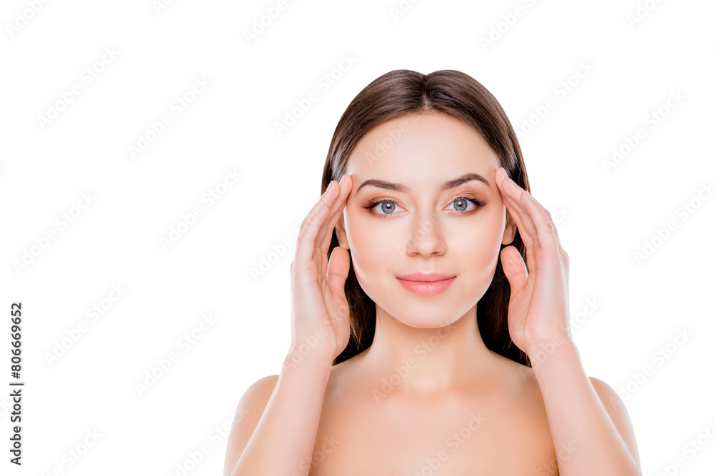 Front close up portrait of beautiful attractive with perfect ideal pure sensitive smooth flawless skin proportional face features gently touching temples with fingers isolated on white background Front close up portrait of beautiful attractive with perfect ideal pure sensitive smooth flawless skin proportional face features gently touching temples with fingers isolated on white background