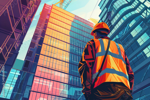 Rear view of an engineer at the modern buildings construction site, looking up to the sky. Creative illustration
