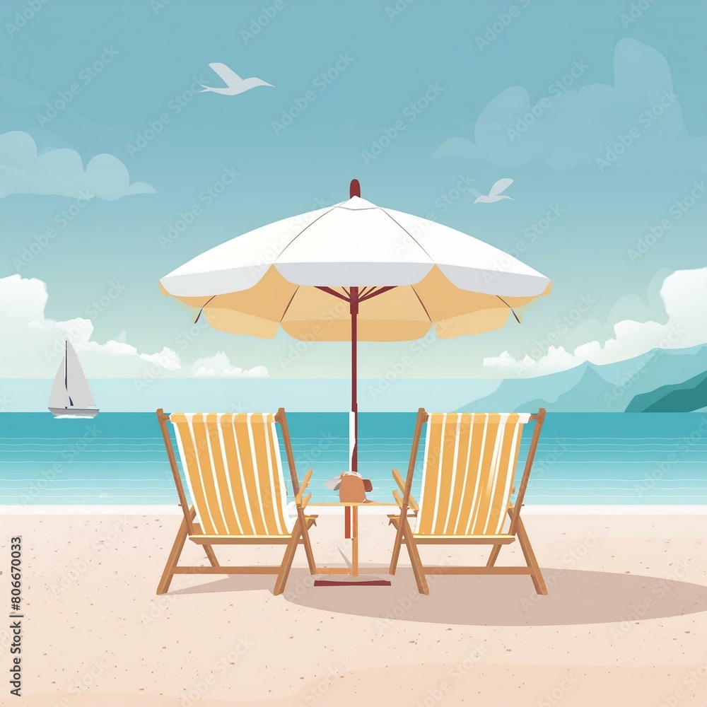 beach chairs and umbrella,beach banner tranquil coastal landscape with pristine white sands, furnished with inviting chairs and a vibrant umbrella,